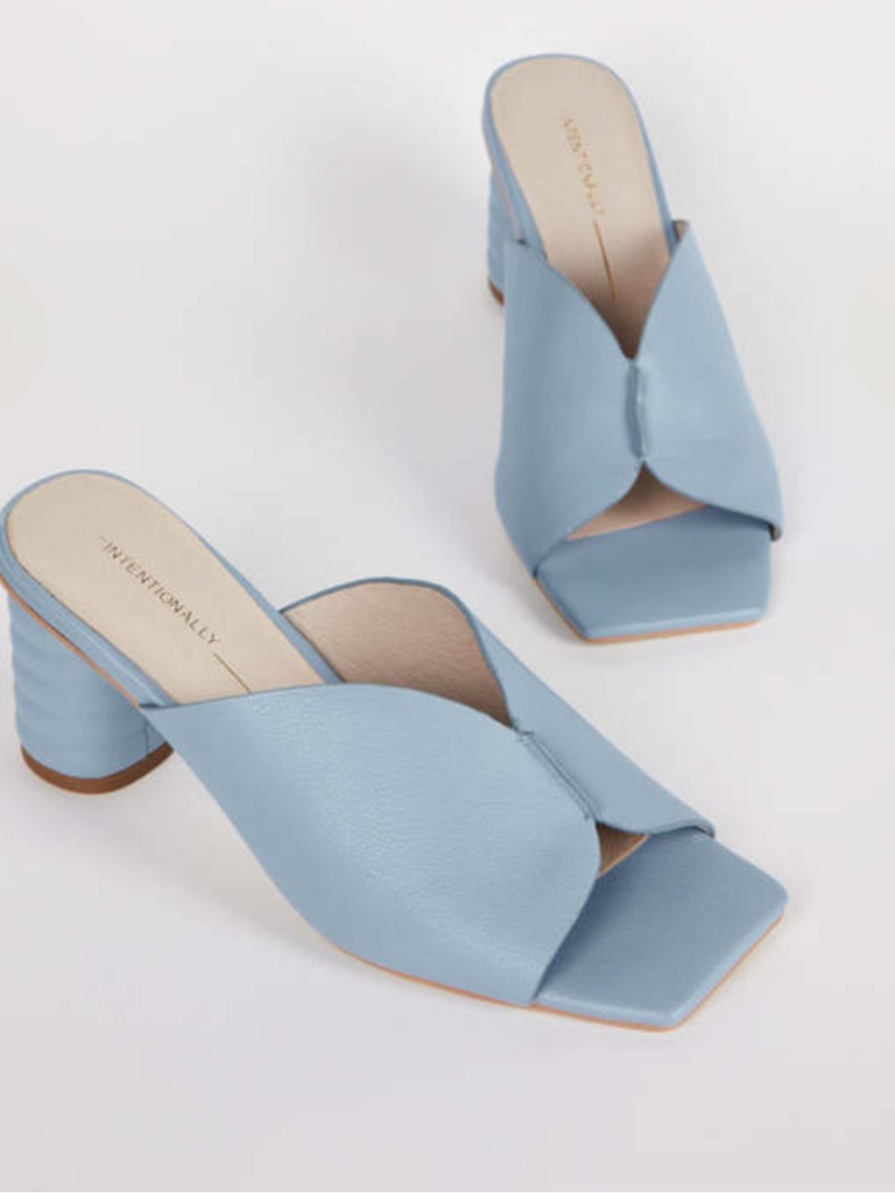 INTENTIONALLY BLANK Powder Blue Leather Crossover Heeled Mules